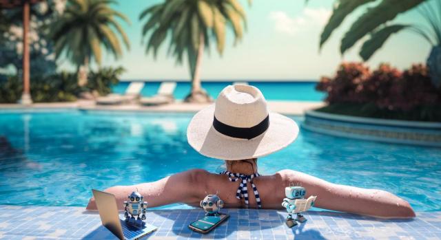 ¿Puede la inteligencia artificial ayudar a los contables antes, durante y después de sus vacaciones? Imagen de una chica con sombrero en una piscina mirando hacía el mar de vacaciones
